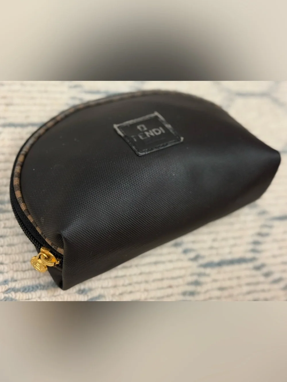 FENDI Vintage 90’s Signature Pequin Black Nylon Half-Moon Clutch/Cosmetic Pouch